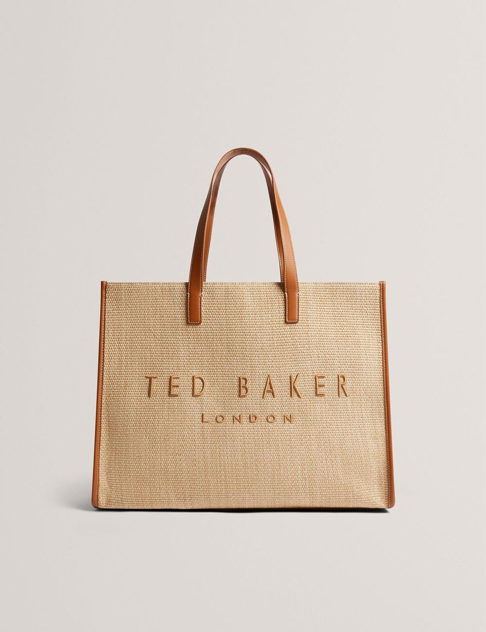 Women Ted Baker PALLMER - Faux Raffia PU Trim Large Tote Bags Taupe | BMXQ69475