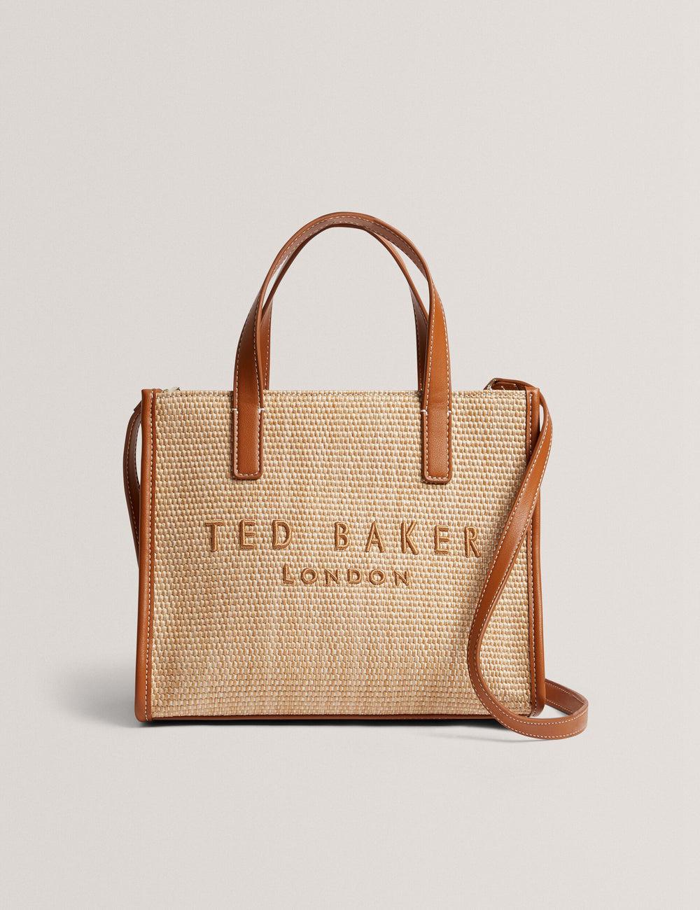 Women Ted Baker PAOLINA - Faux Raffia PU Trim Small Tote Bags Camel | VGNM25749
