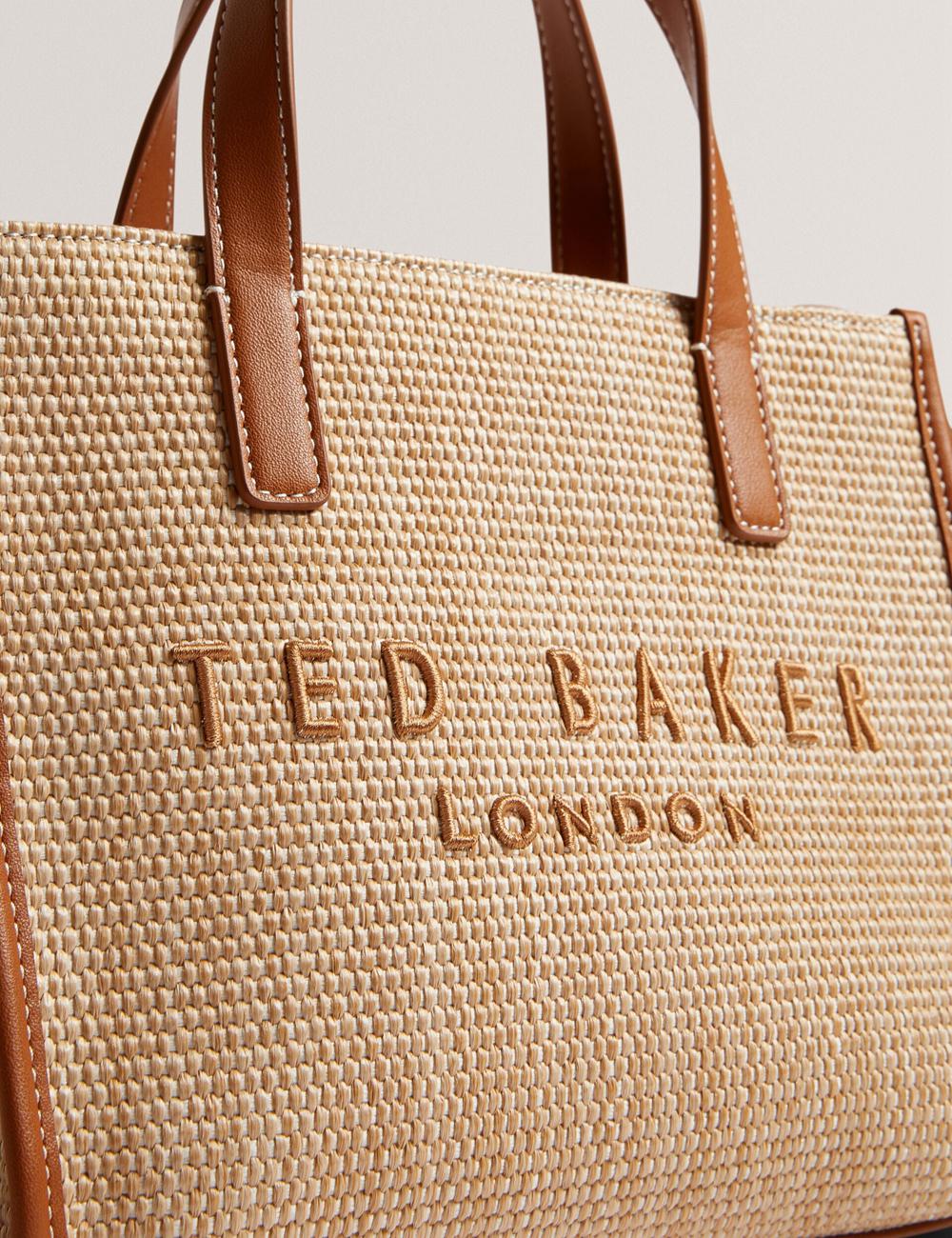 Women Ted Baker PAOLINA - Faux Raffia PU Trim Small Tote Bags Camel | VGNM25749