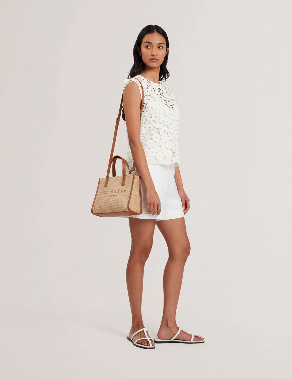 Women Ted Baker PAOLINA - Faux Raffia PU Trim Small Tote Bags Camel | VGNM25749