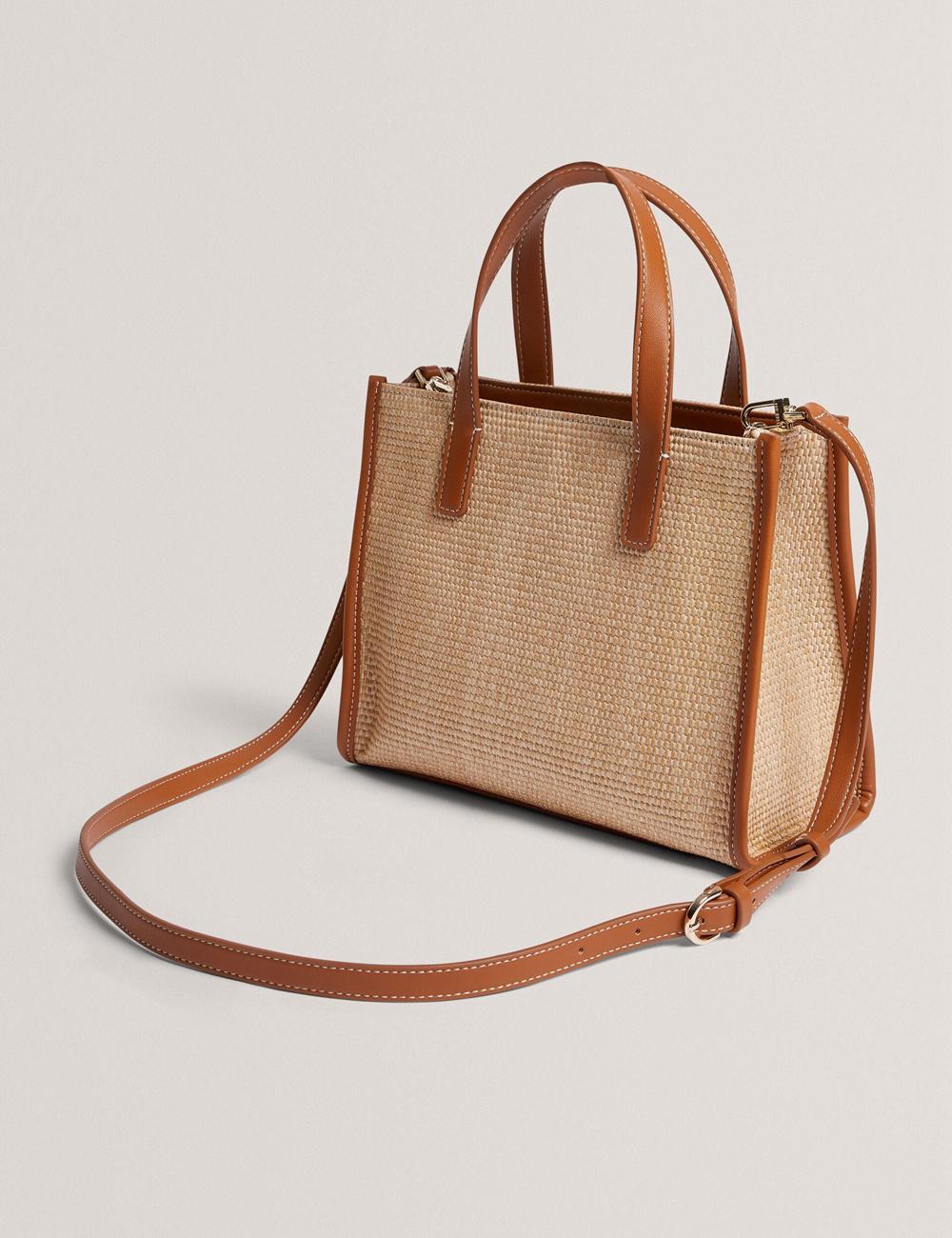Women Ted Baker PAOLINA - Faux Raffia PU Trim Small Tote Bags Camel | VGNM25749