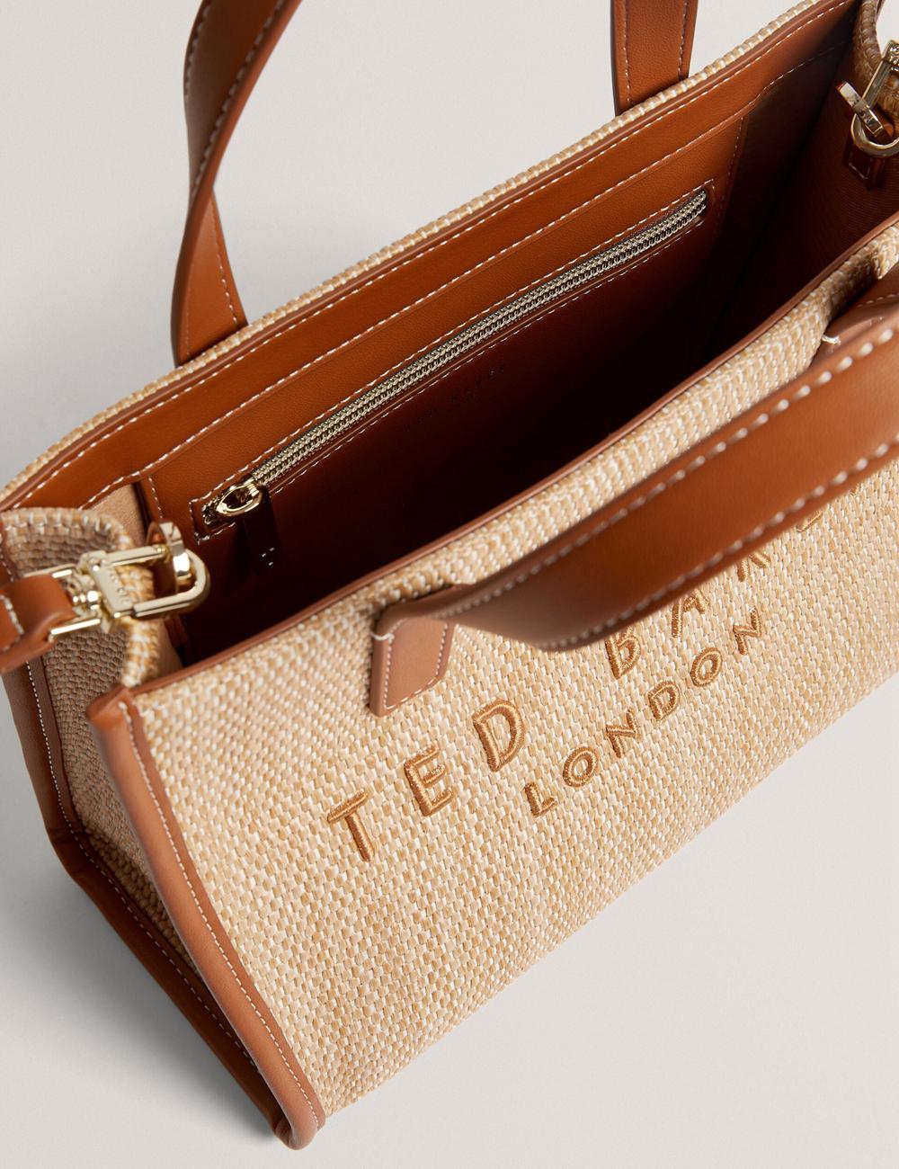 Women Ted Baker PAOLINA - Faux Raffia PU Trim Small Tote Bags Camel | VGNM25749