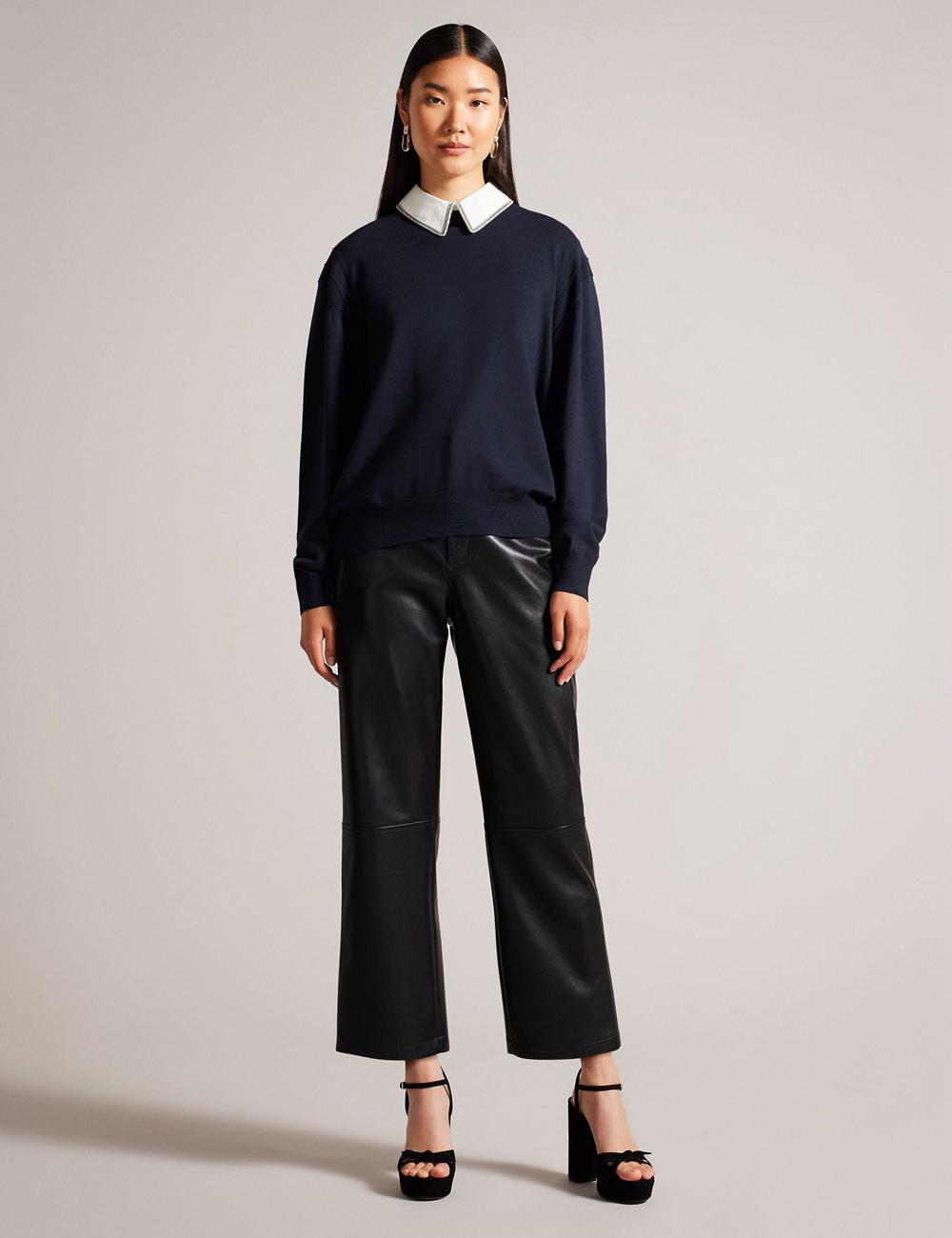 Women Ted Baker PENNII - Mockable With Embellished Shirt Collar Jumpers Navy | KSRD45168