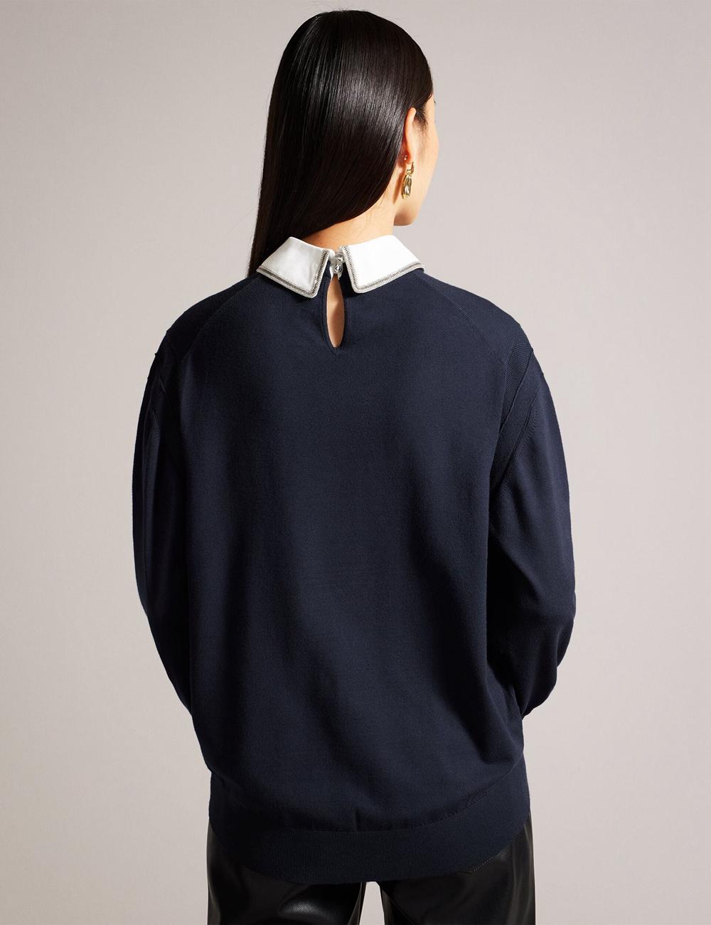 Women Ted Baker PENNII - Mockable With Embellished Shirt Collar Jumpers Navy | KSRD45168