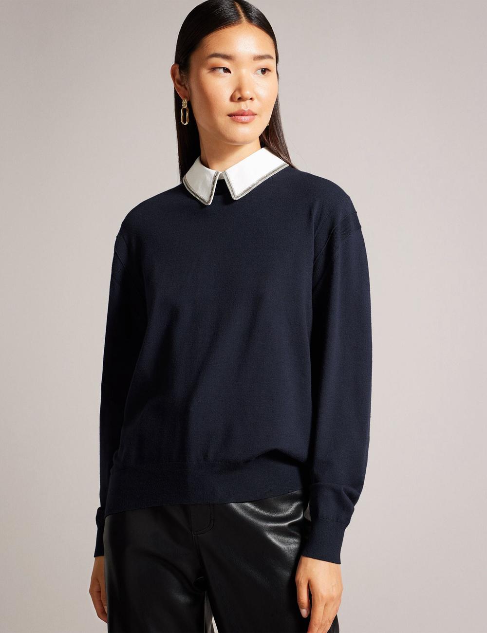 Women Ted Baker PENNII - Mockable With Embellished Shirt Collar Jumpers Navy | KSRD45168