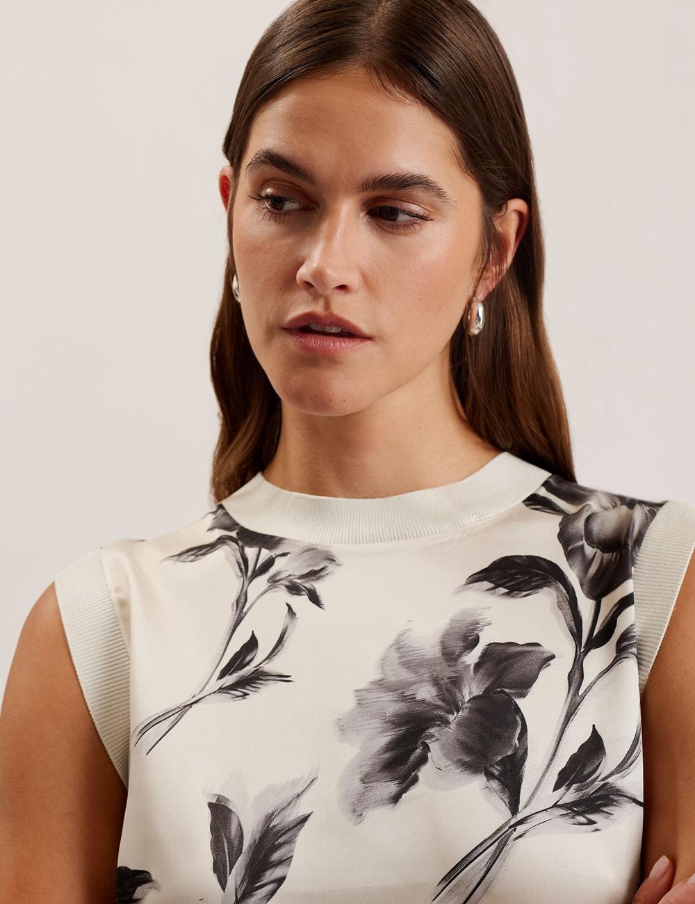 Women Ted Baker PERLOMA - Printed Woven Front Knitted Tank Tops Ivory | DYZW15093