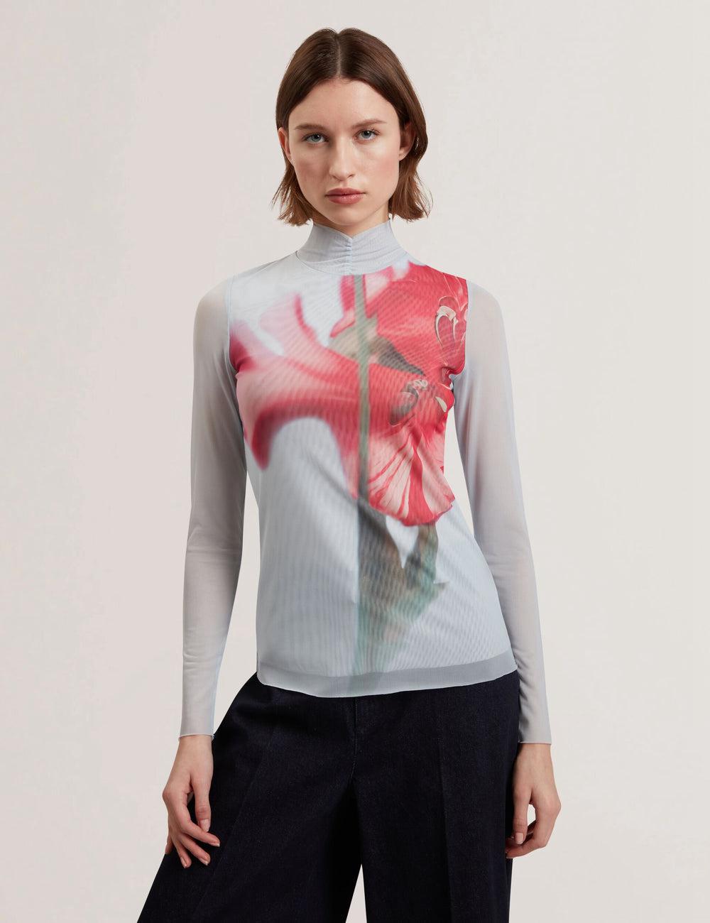 Women Ted Baker PIPYA - Floral High Neck Long Sleeve Mesh Tops Blue | MUVB24013