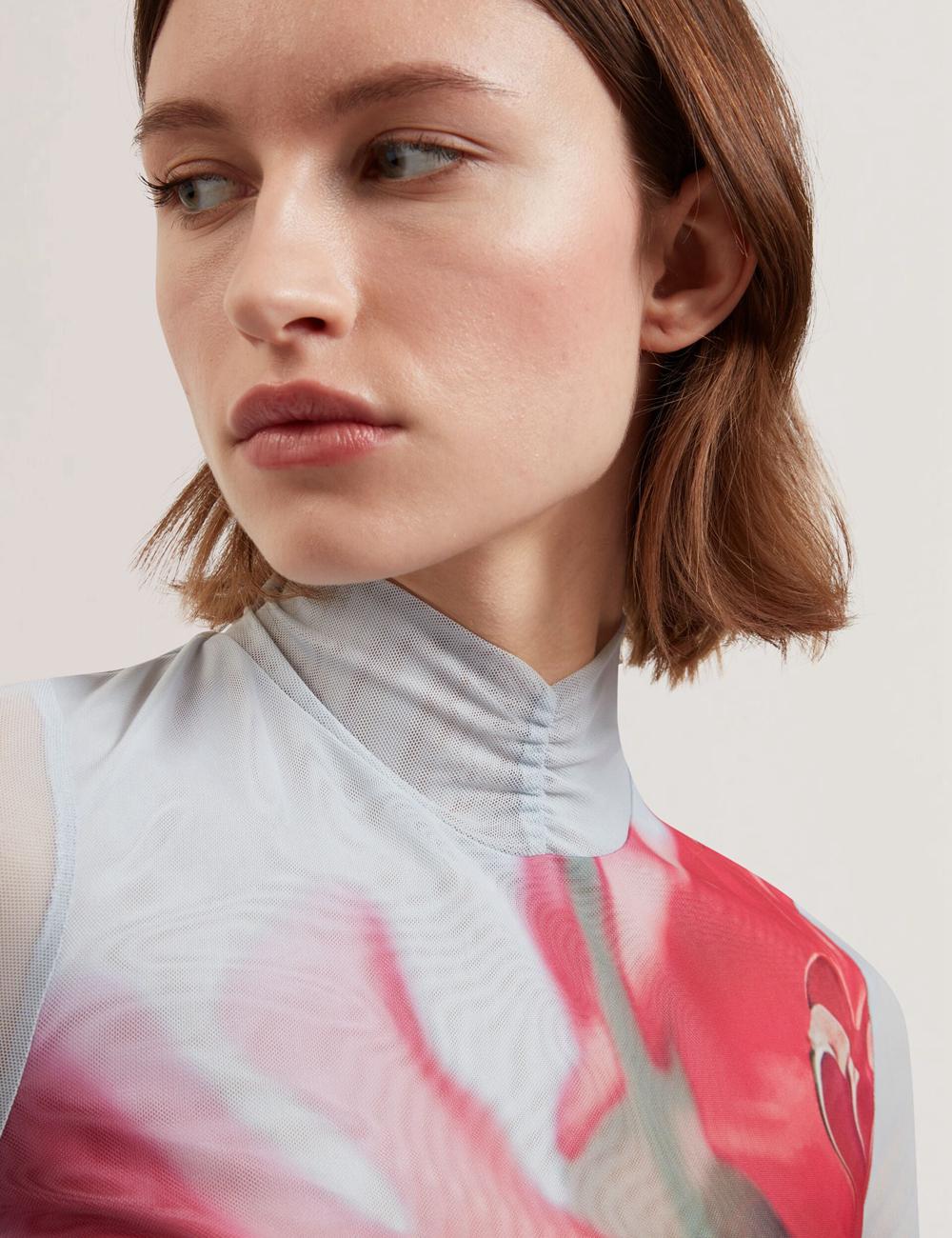 Women Ted Baker PIPYA - Floral High Neck Long Sleeve Mesh Tops Blue | MUVB24013