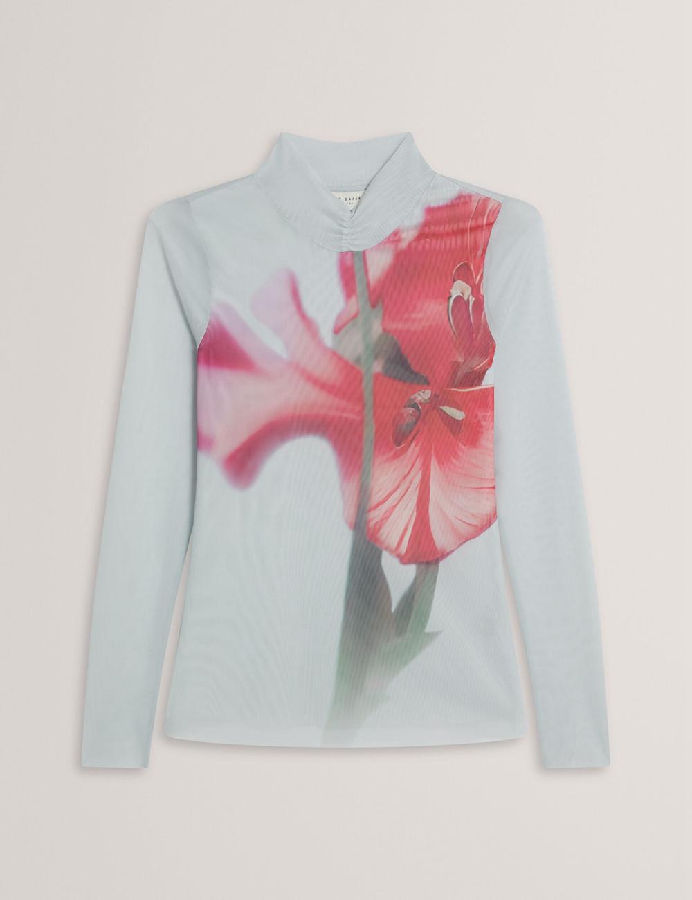 Women Ted Baker PIPYA - Floral High Neck Long Sleeve Mesh Tops Blue | MUVB24013