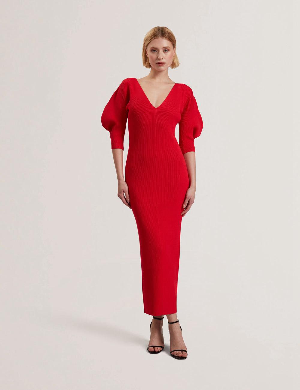 Women Ted Baker PRICILA - Shaped Sleeve Knitted Bodycon Midi Dresses Red | CYBN72968