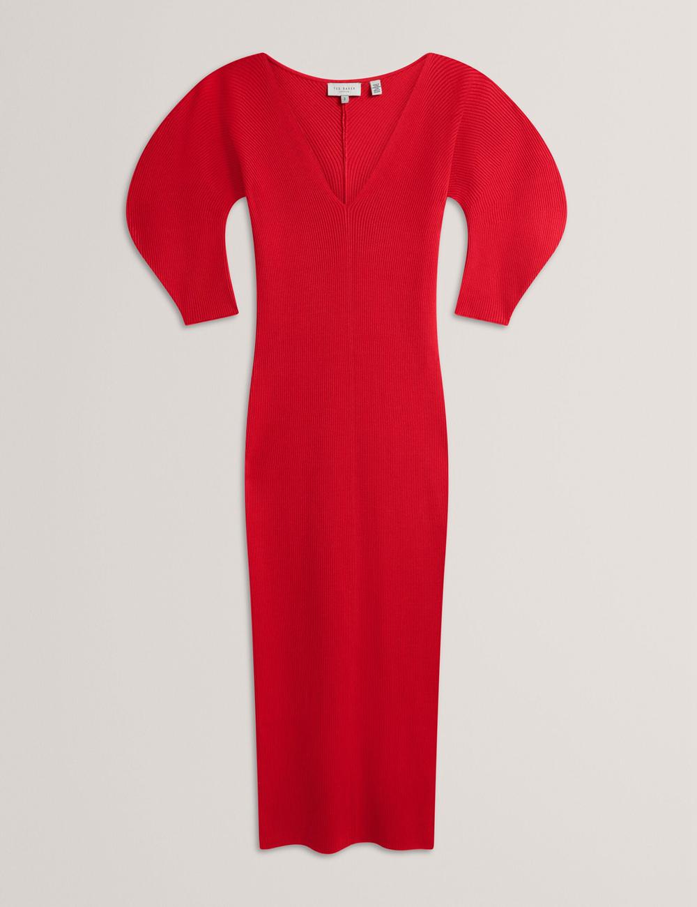 Women Ted Baker PRICILA - Shaped Sleeve Knitted Bodycon Midi Dresses Red | CYBN72968
