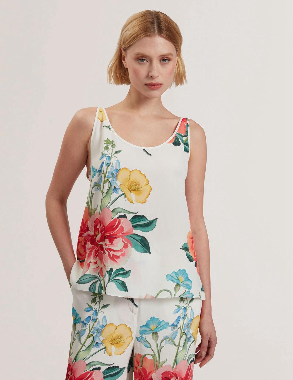 Women Ted Baker PURRLA - Floral Print Scoop Neck Sleeveless Tops White | ZOHR16432