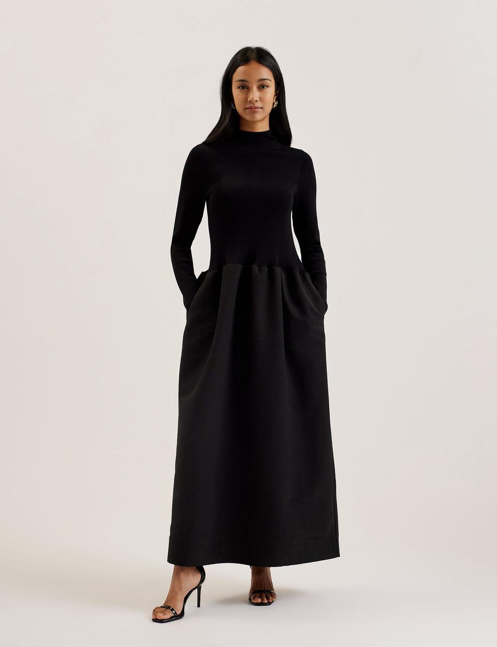 Women Ted Baker PYLIA - Structured With Knitted Bodice Maxi Dresses Black | NPRG51439