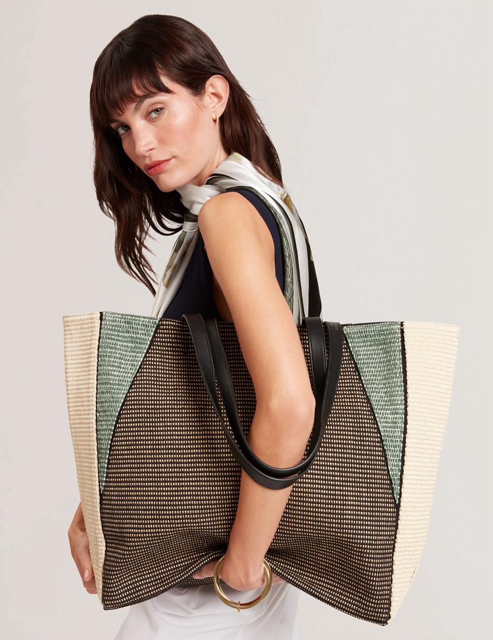 Women Ted Baker RAFIYA - Woven Colour Block Folding Shopper Shopper Bags Black | GIEO28035