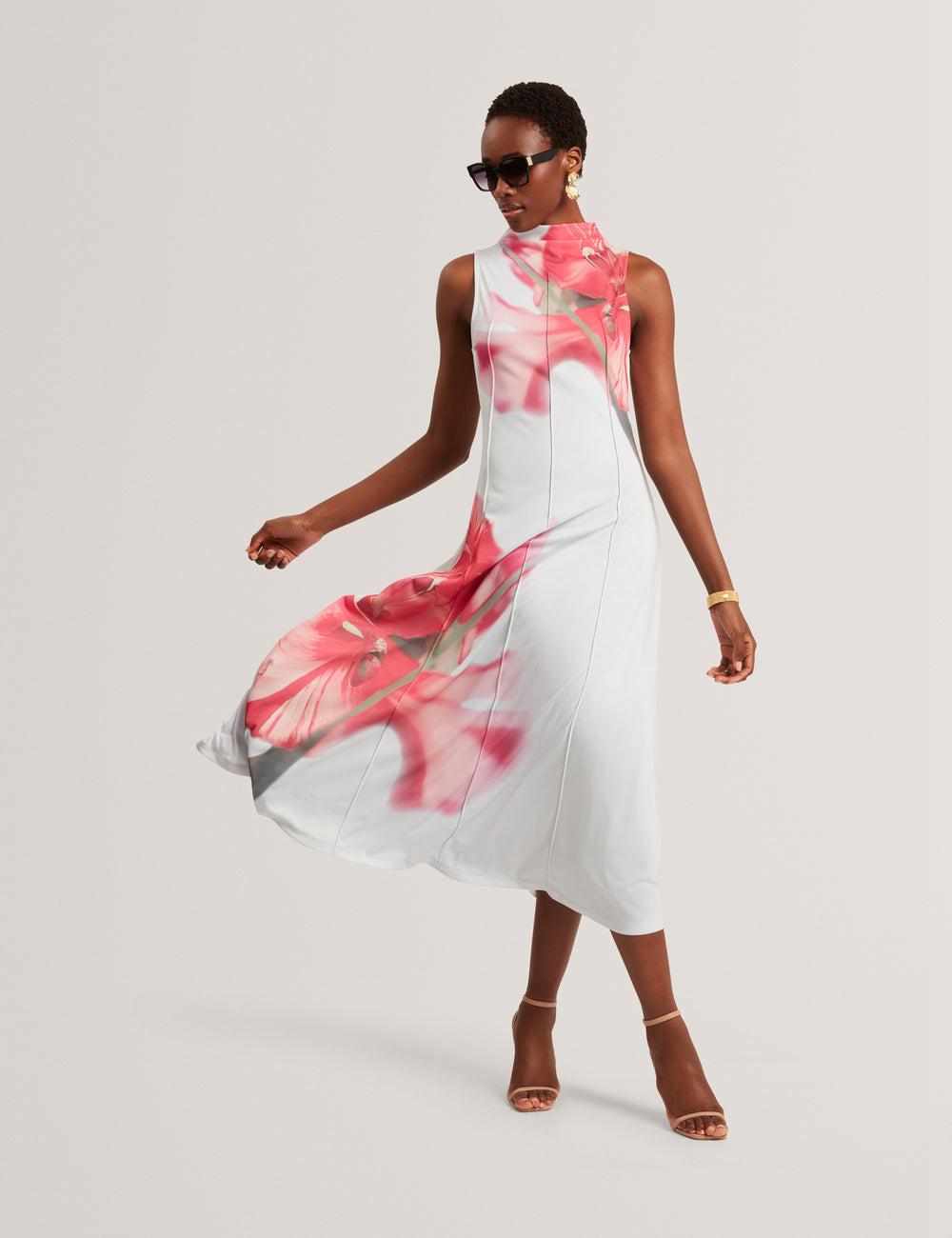Women Ted Baker REBEHKA - High Neck Printed Jersey Midi Dresses Blue | KYZI93012