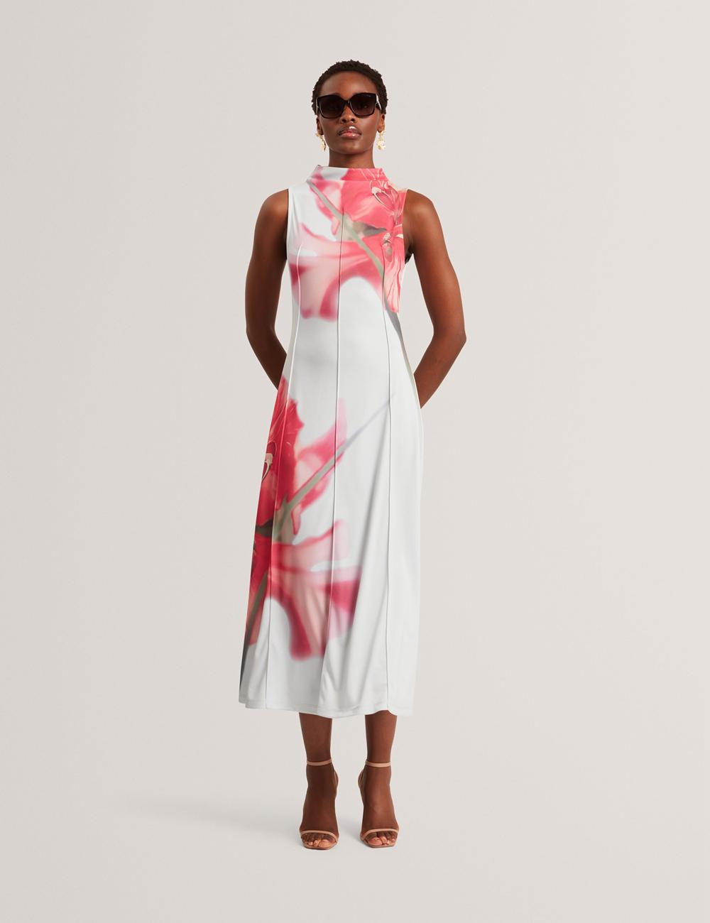 Women Ted Baker REBEHKA - High Neck Printed Jersey Midi Dresses Blue | KYZI93012