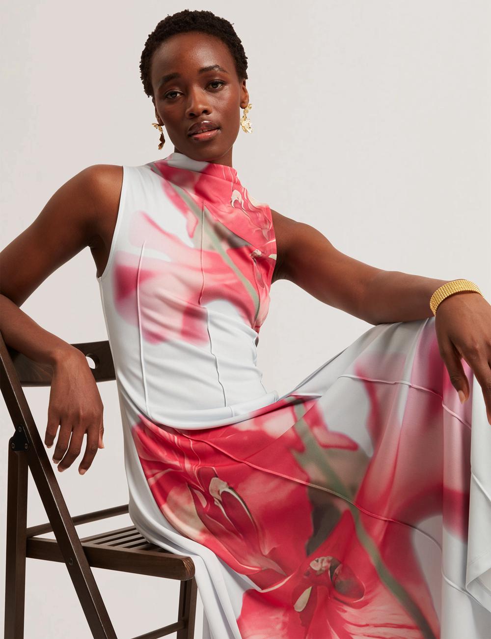 Women Ted Baker REBEHKA - High Neck Printed Jersey Midi Dresses Blue | KYZI93012
