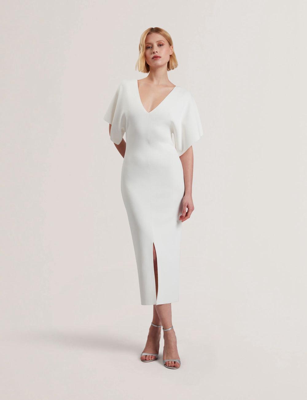 Women Ted Baker REBEXXA - Wide Sleeve Knitted Bodycon Midi Dresses Ivory | CDFI26914