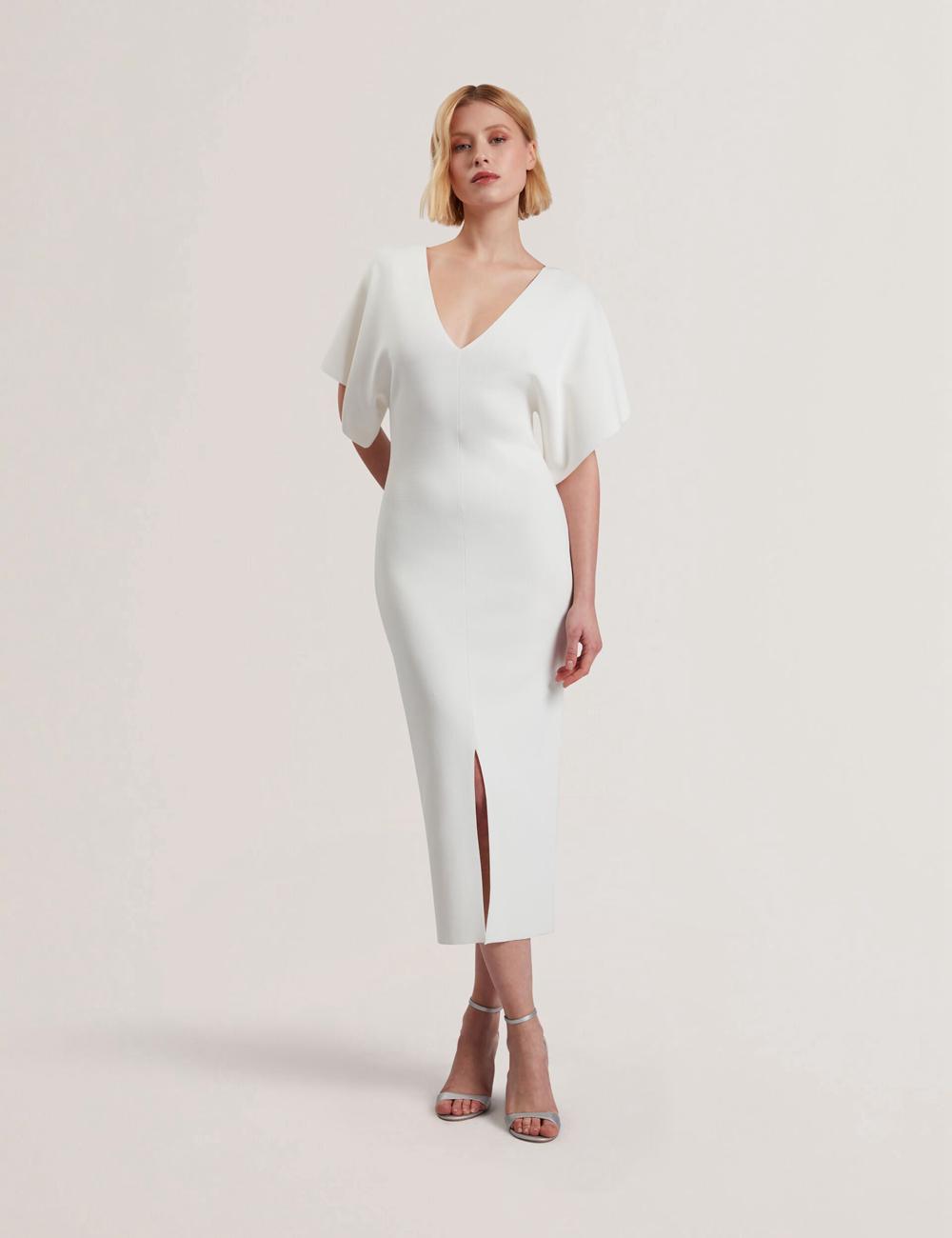 Women Ted Baker REBEXXA - Wide Sleeve Knitted Bodycon Midi Dresses Ivory | CDFI26914