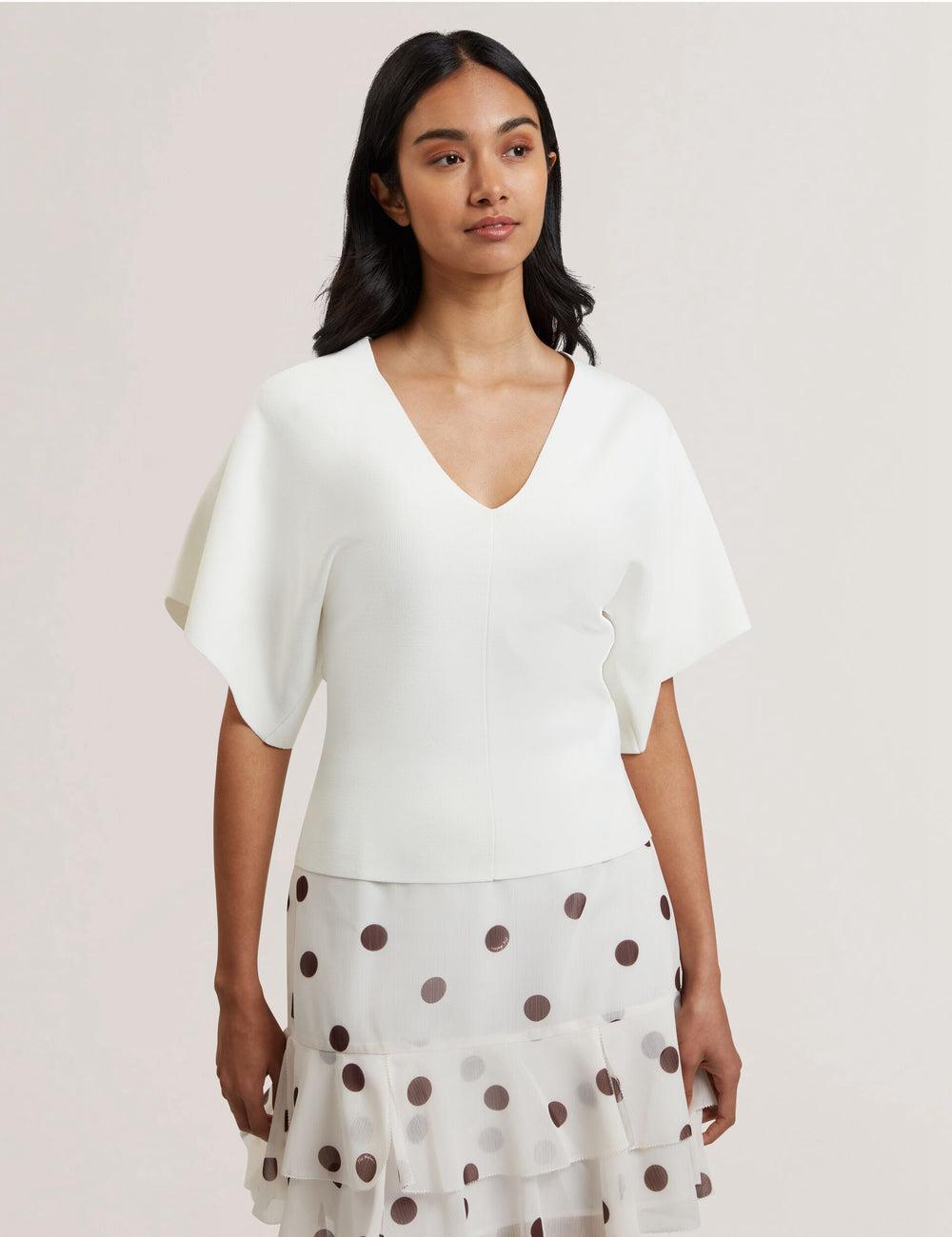 Women Ted Baker REGINAH - Wide Short Sleeve V-Neck Knitted Tops Ivory | WHCJ81054