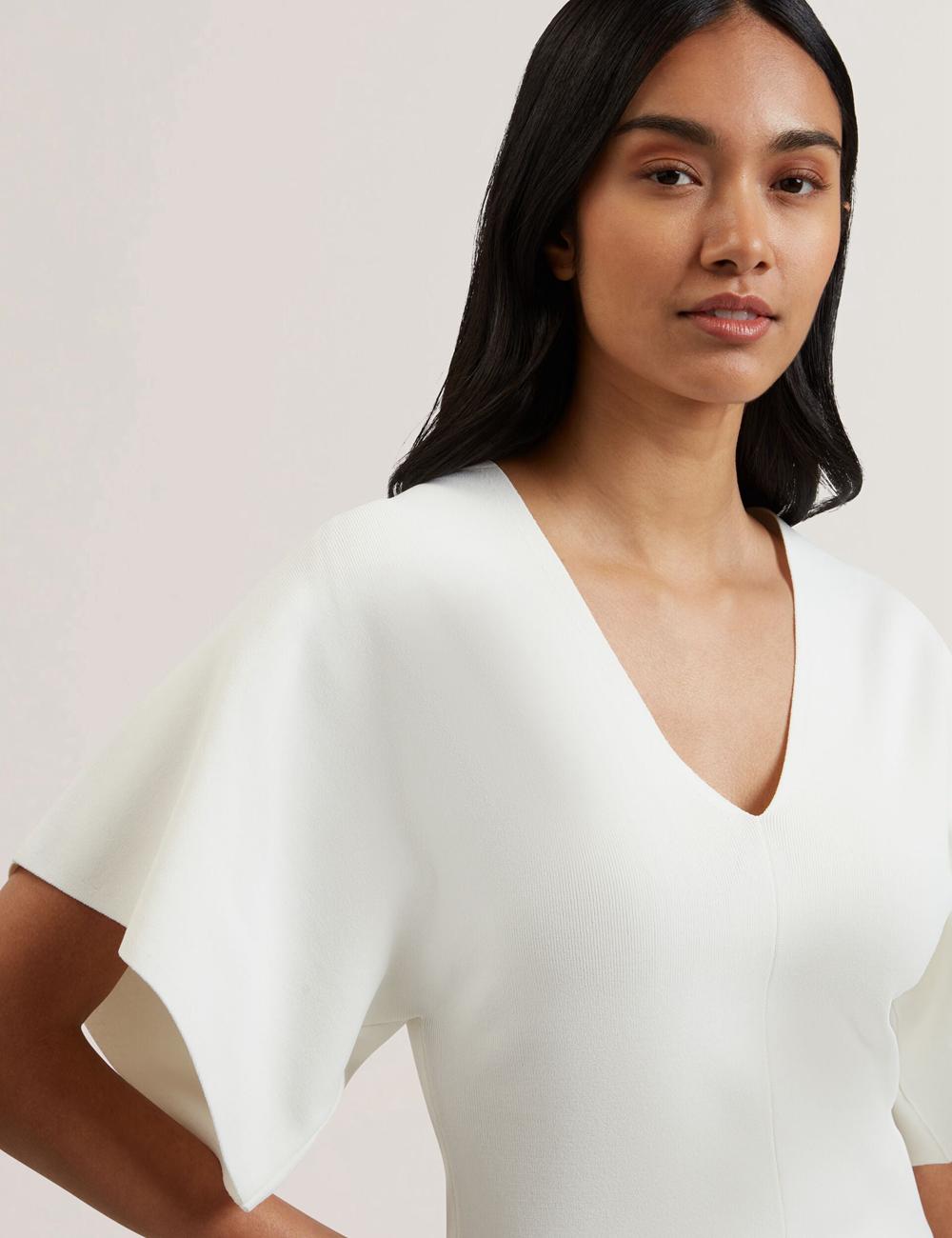Women Ted Baker REGINAH - Wide Short Sleeve V-Neck Knitted Tops Ivory | WHCJ81054
