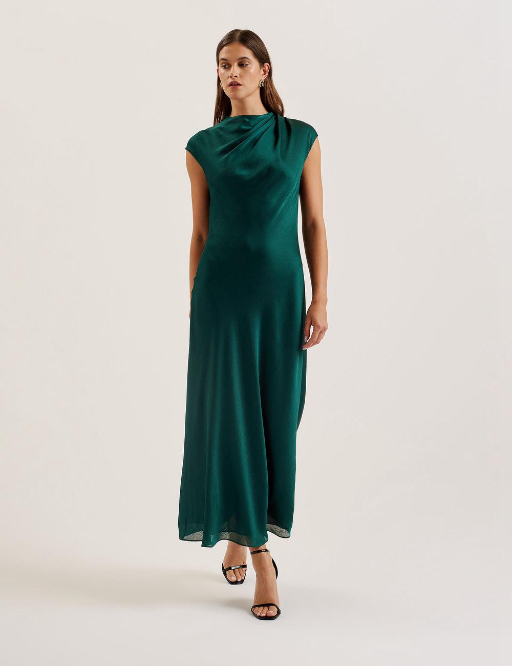 Women Ted Baker RIMINI - Chiffon Drape Neck Detail Maxi Dresses Dk-Green | XLUV42615