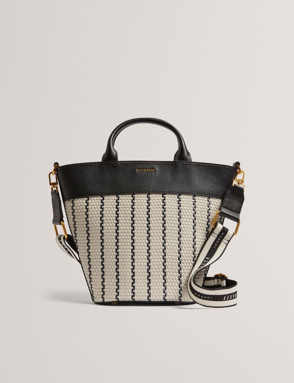 Women Ted Baker RIVERI - Woven Leather Trim Bucket With Webbing Strap Tote Bags Navy | LGCZ42607