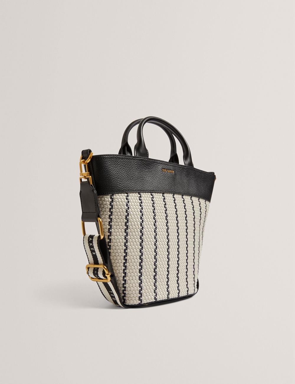 Women Ted Baker RIVERI - Woven Leather Trim Bucket With Webbing Strap Tote Bags Navy | LGCZ42607