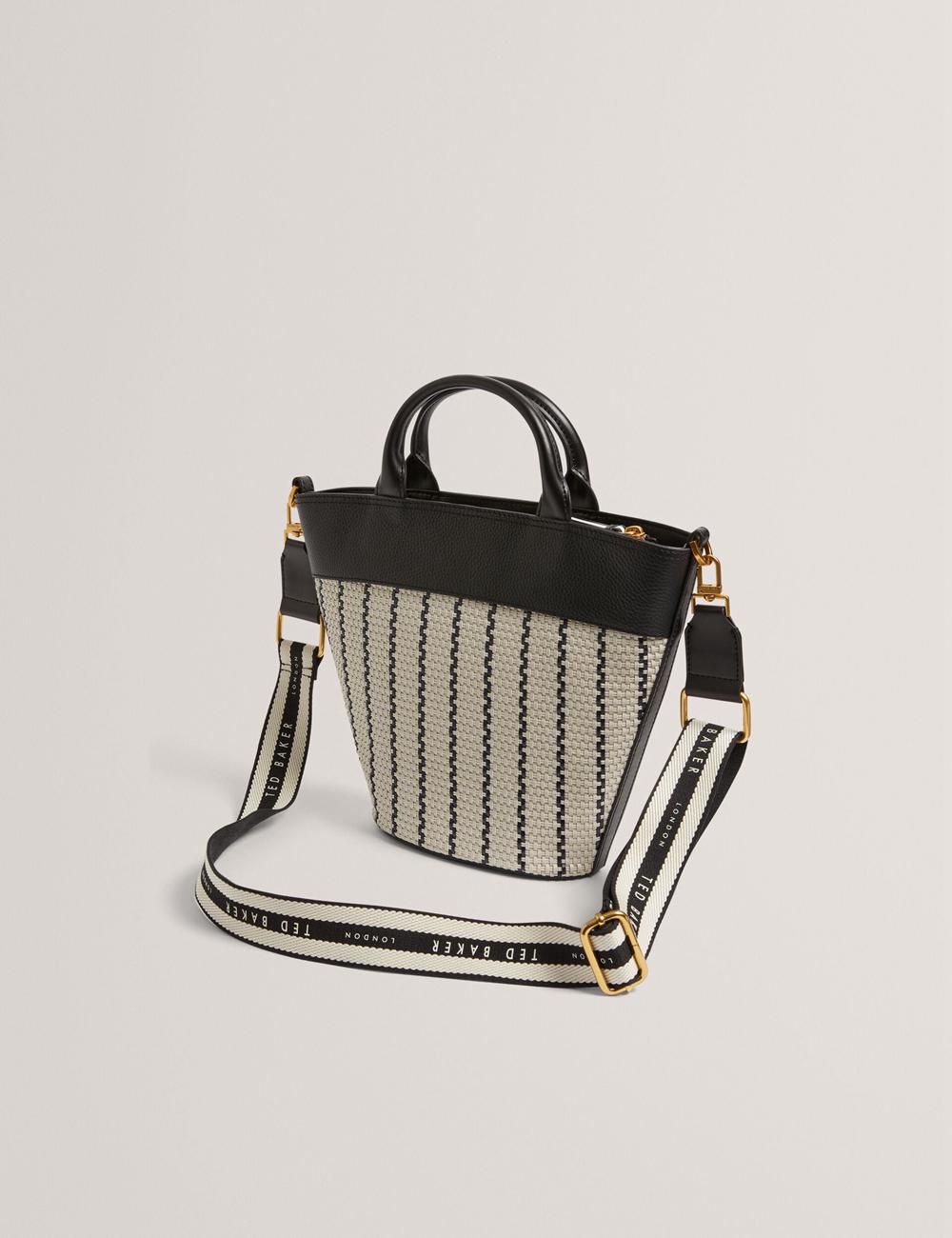 Women Ted Baker RIVERI - Woven Leather Trim Bucket With Webbing Strap Tote Bags Navy | LGCZ42607