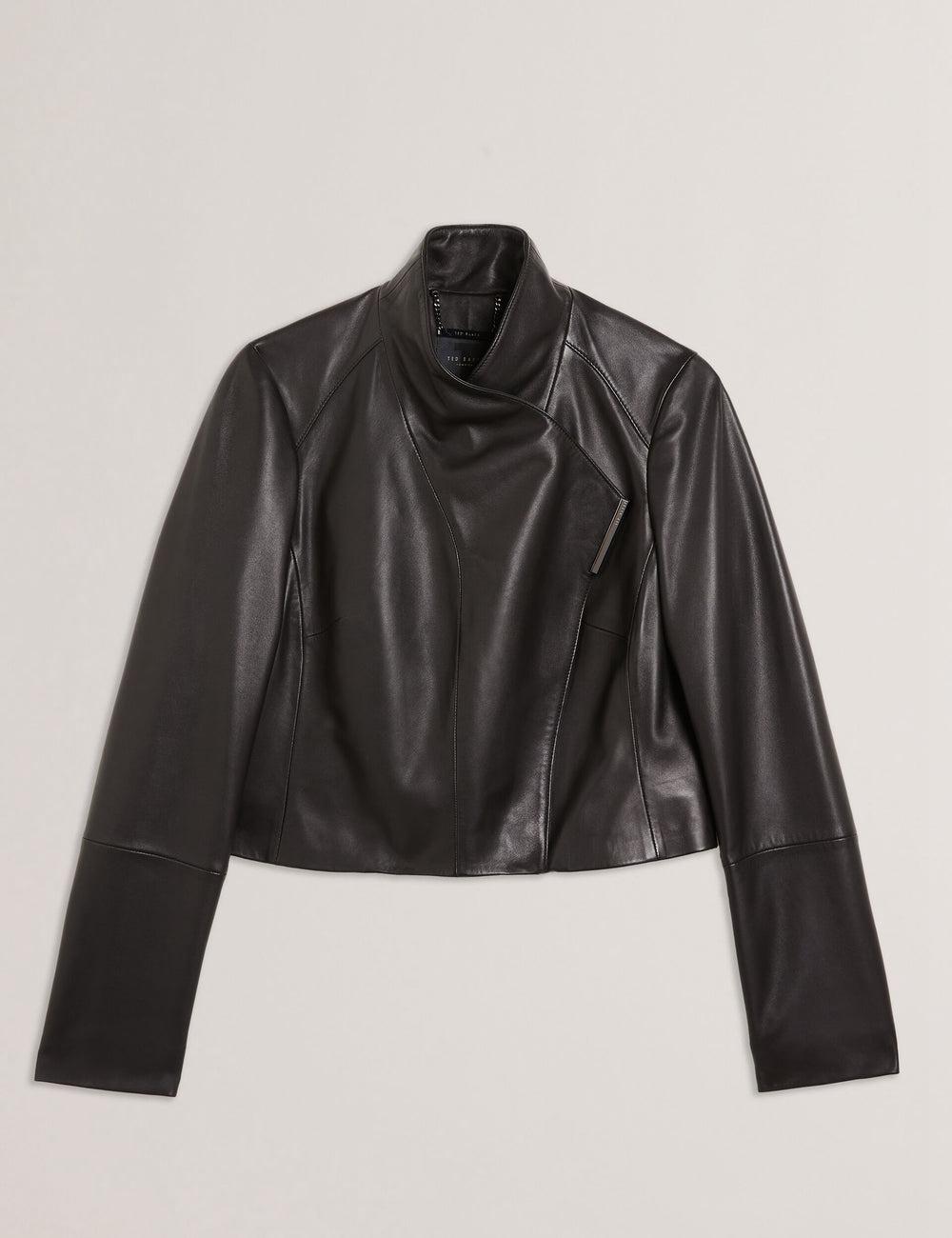 Women Ted Baker RIYOZE - Wrap Front Cropped Leather Jackets Black | AQZL70836