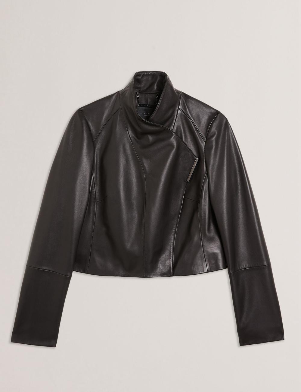 Women Ted Baker RIYOZE - Wrap Front Cropped Leather Jackets Black | AQZL70836