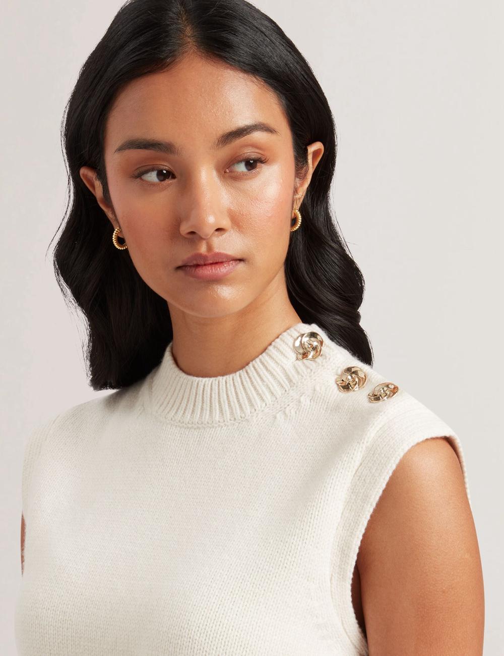 Women Ted Baker RONDHER - Rose Button Wool Knit Tank Tops Ivory | OMJZ29150
