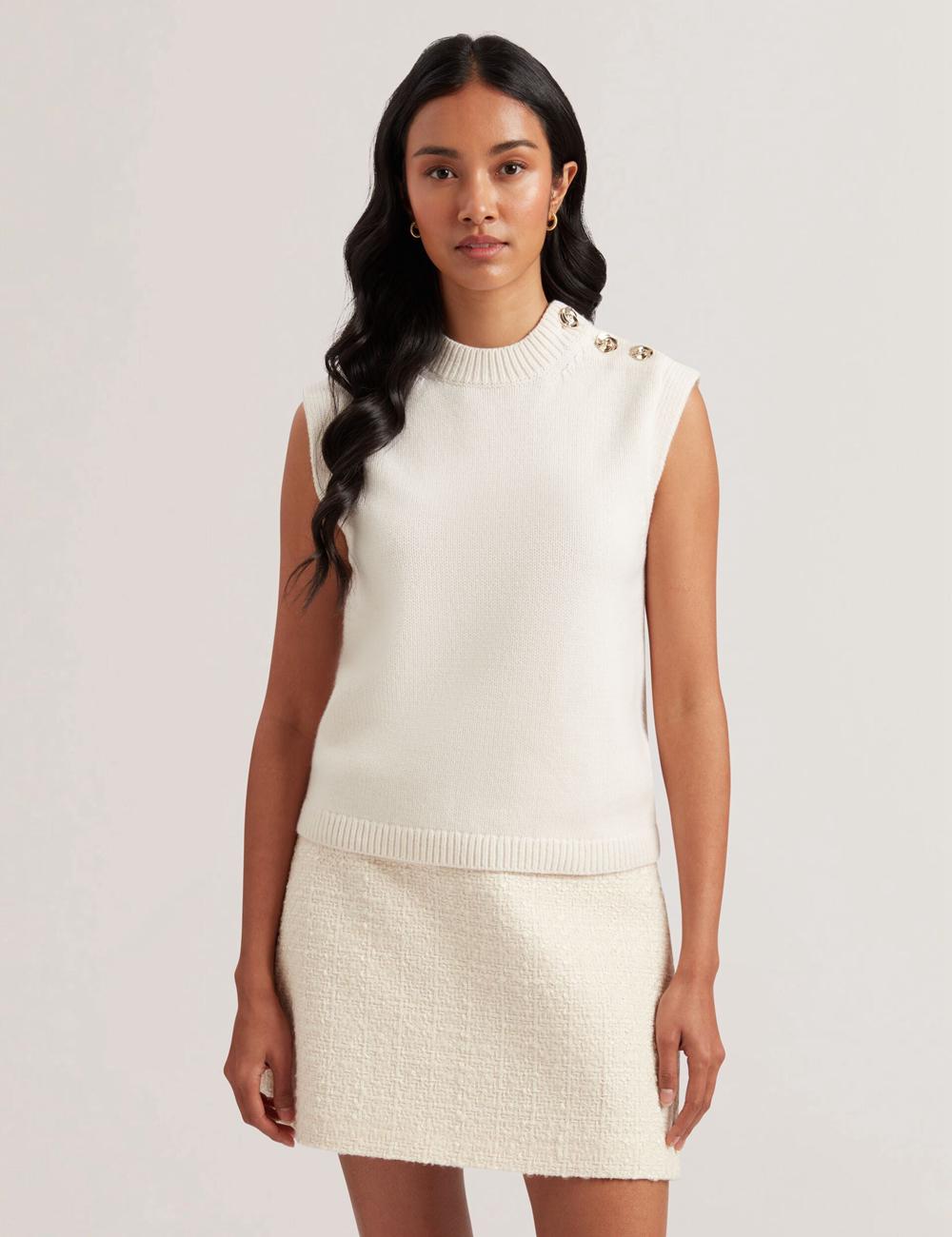 Women Ted Baker RONDHER - Rose Button Wool Knit Tank Tops Ivory | OMJZ29150