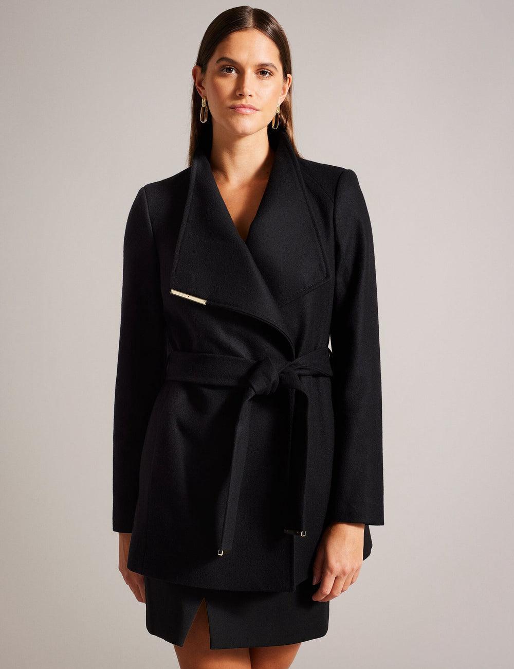 Women Ted Baker ROSESS - Short Belted Wool Wrap Coat Jackets Black | YUKB38204