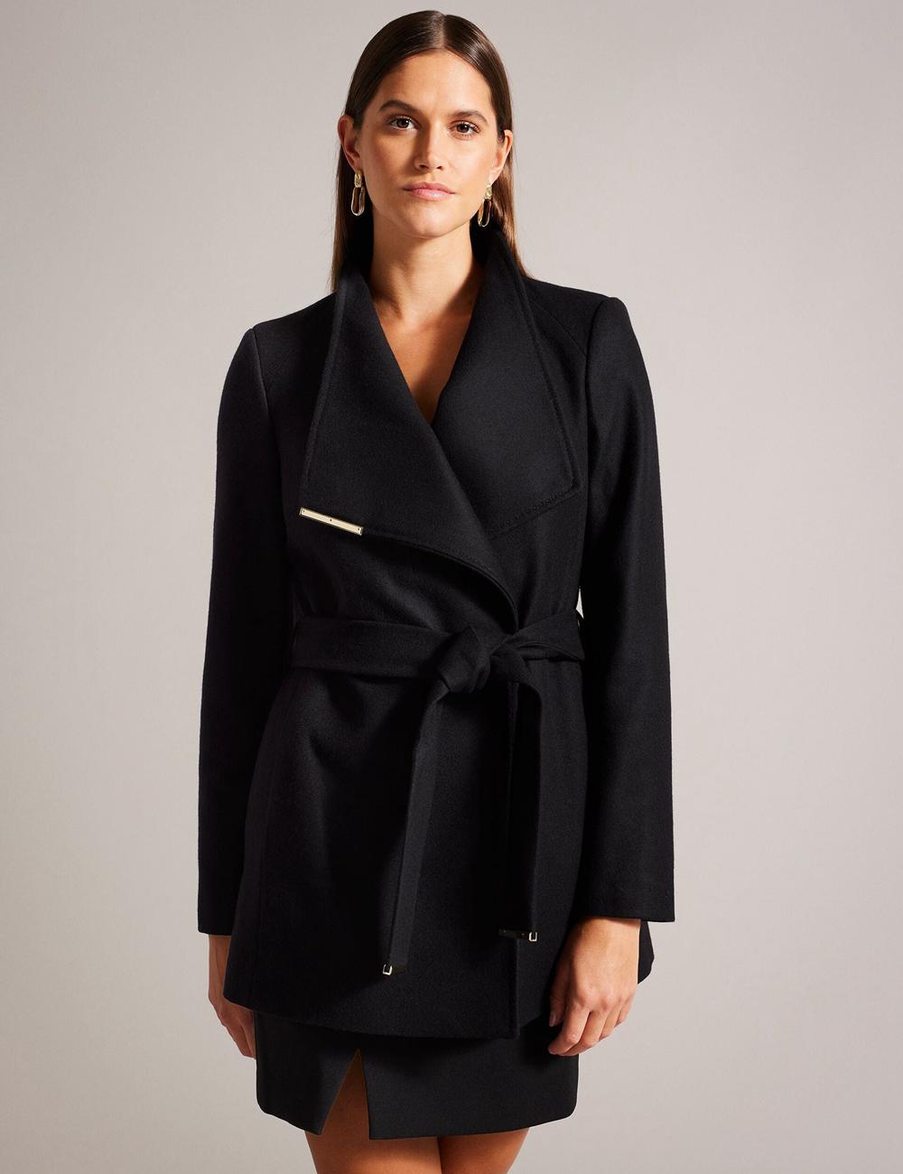 Women Ted Baker ROSESS - Short Belted Wool Wrap Coat Jackets Black | YUKB38204