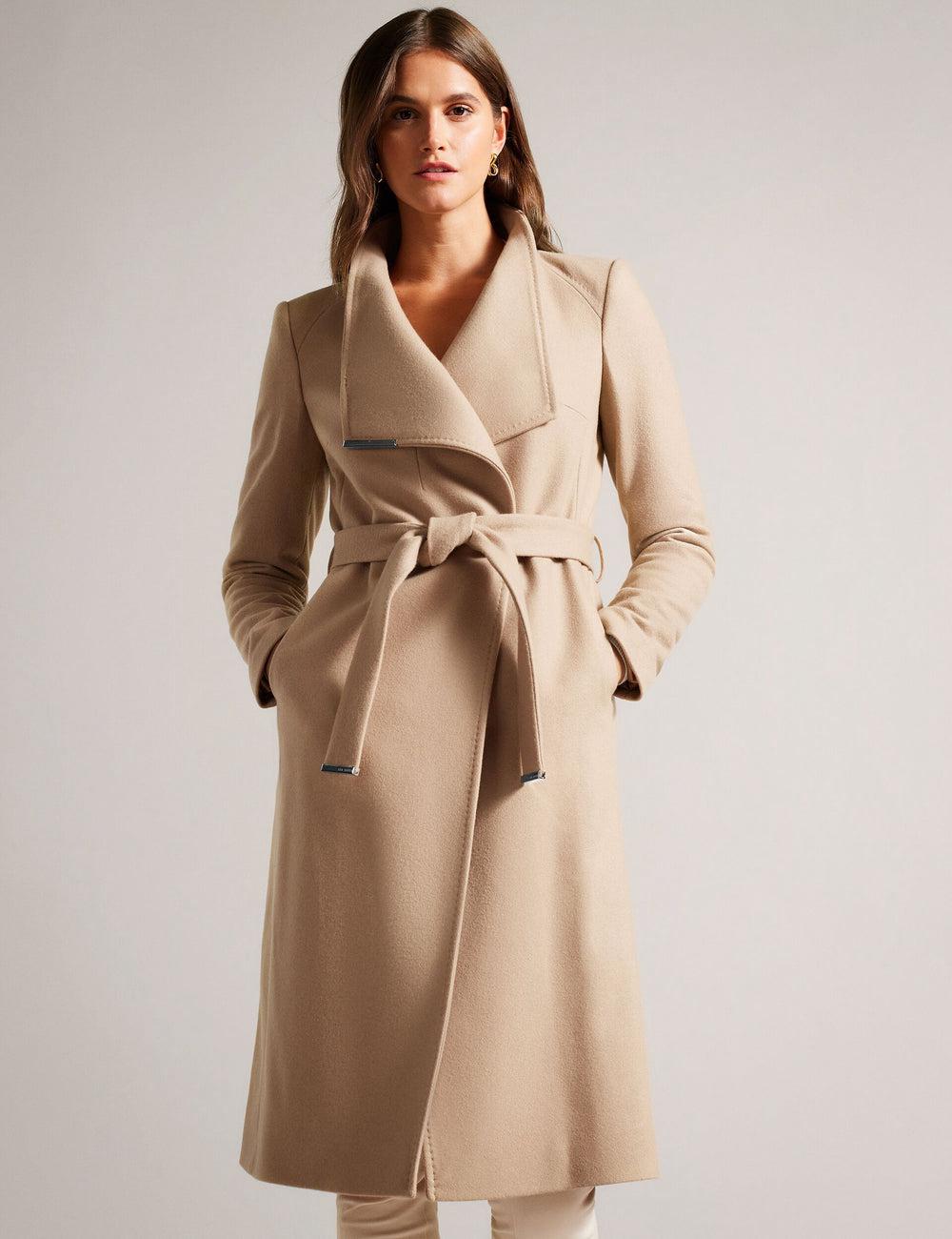 Women Ted Baker ROSE - Midi Length Belted Wool Wrap Coat Jackets Camel | UDBM49723
