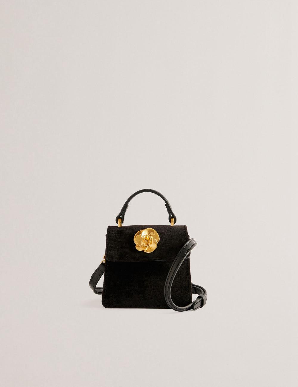 Women Ted Baker ROSIYA - Mini Velvet Rose Detail Top Handle Crossbody Bags Black | FVCM05164