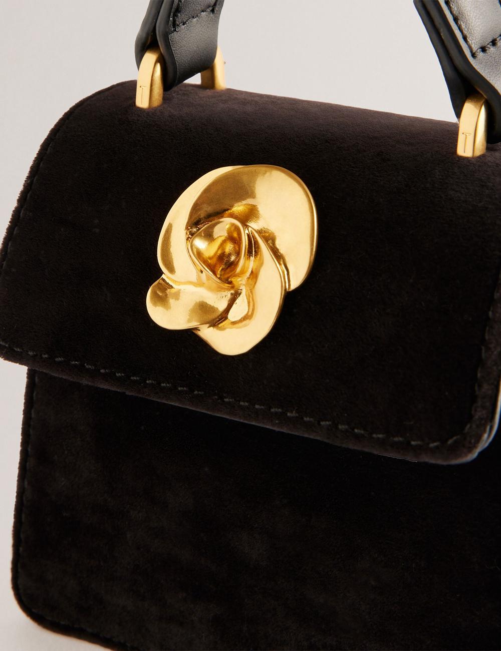 Women Ted Baker ROSIYA - Mini Velvet Rose Detail Top Handle Crossbody Bags Black | FVCM05164