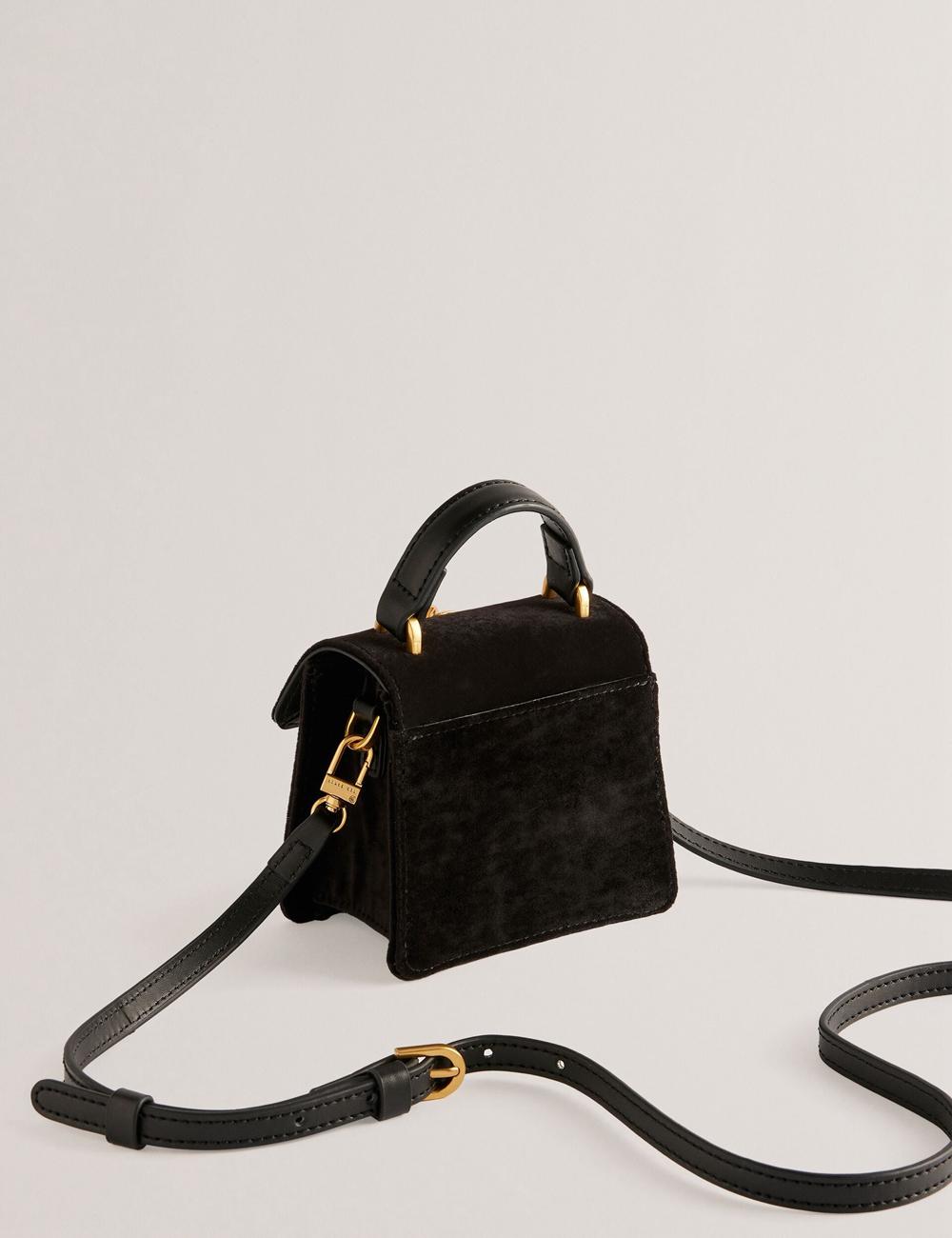Women Ted Baker ROSIYA - Mini Velvet Rose Detail Top Handle Crossbody Bags Black | FVCM05164