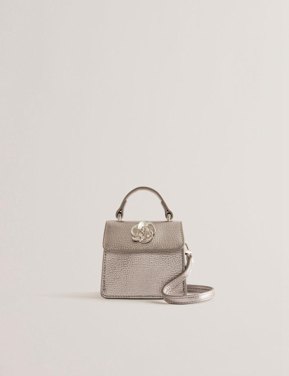 Women Ted Baker ROSLIE - Metallic Leather Mini Top Handle Shoulder Bags Silver | TUCP80752