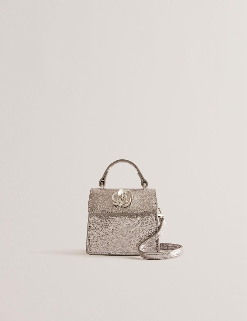 Women Ted Baker ROSLIE - Metallic Leather Mini Top Handle Shoulder Bags Silver | TUCP80752