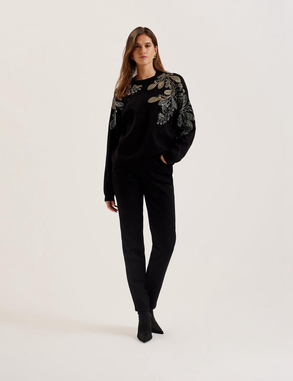 Women Ted Baker ROSMRRY - Embellished Floral Detail Knitted Jumpers Black | CPHB76128