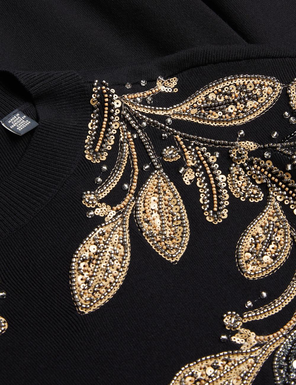 Women Ted Baker ROSMRRY - Embellished Floral Detail Knitted Jumpers Black | CPHB76128