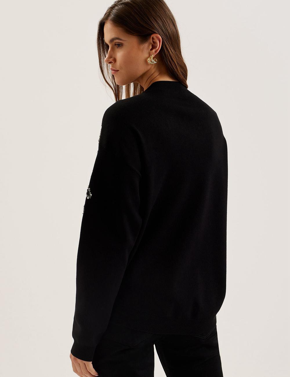 Women Ted Baker ROSMRRY - Embellished Floral Detail Knitted Jumpers Black | CPHB76128