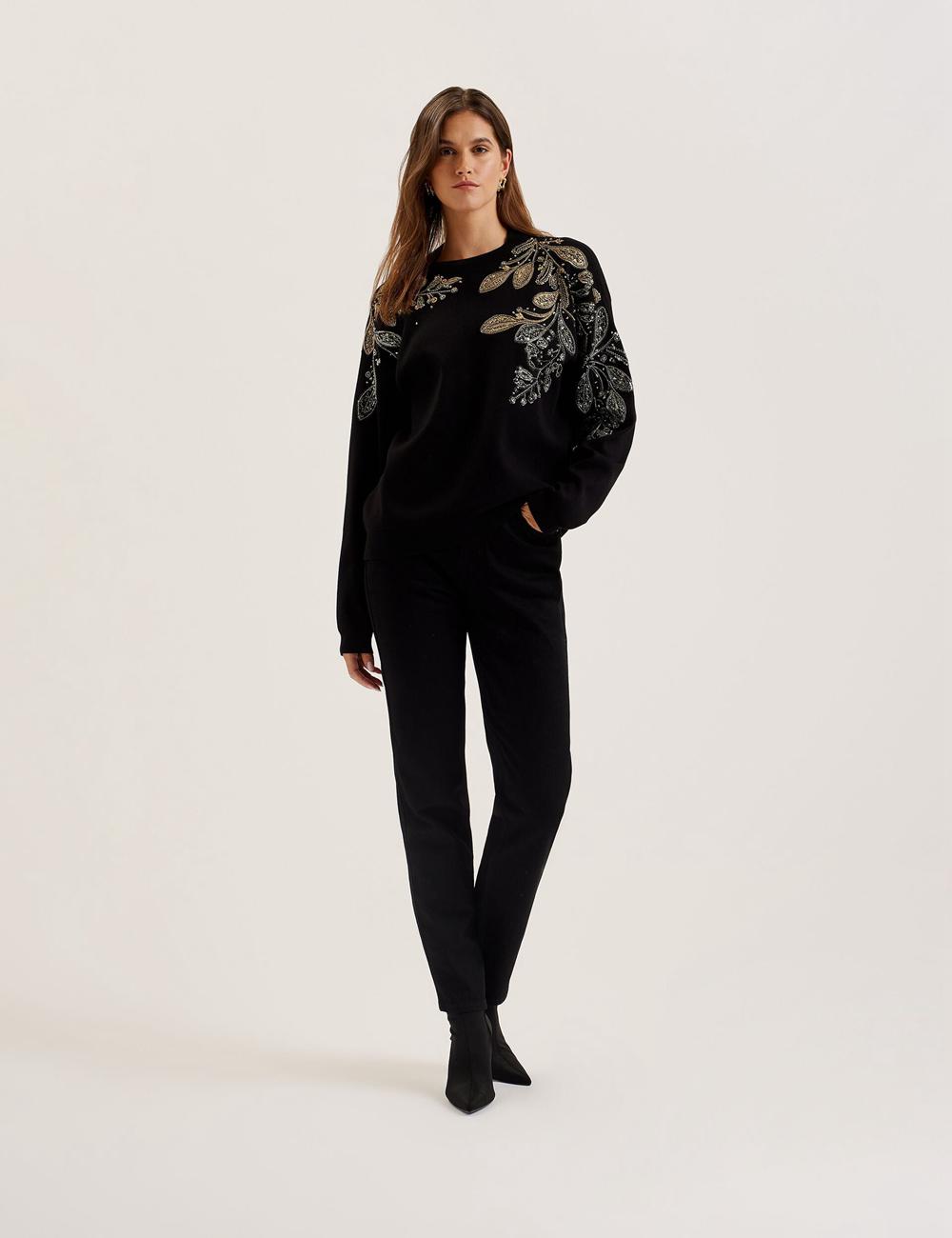 Women Ted Baker ROSMRRY - Embellished Floral Detail Knitted Jumpers Black | CPHB76128
