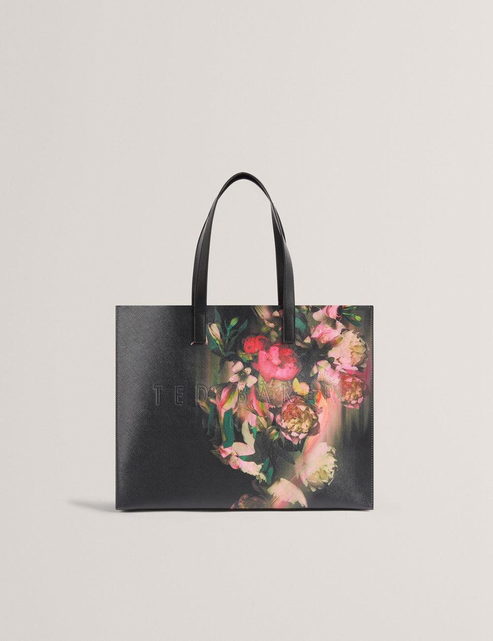 Women Ted Baker SALIINA - Floral Print Wide Icon Tote Bags Black | GQXP37059