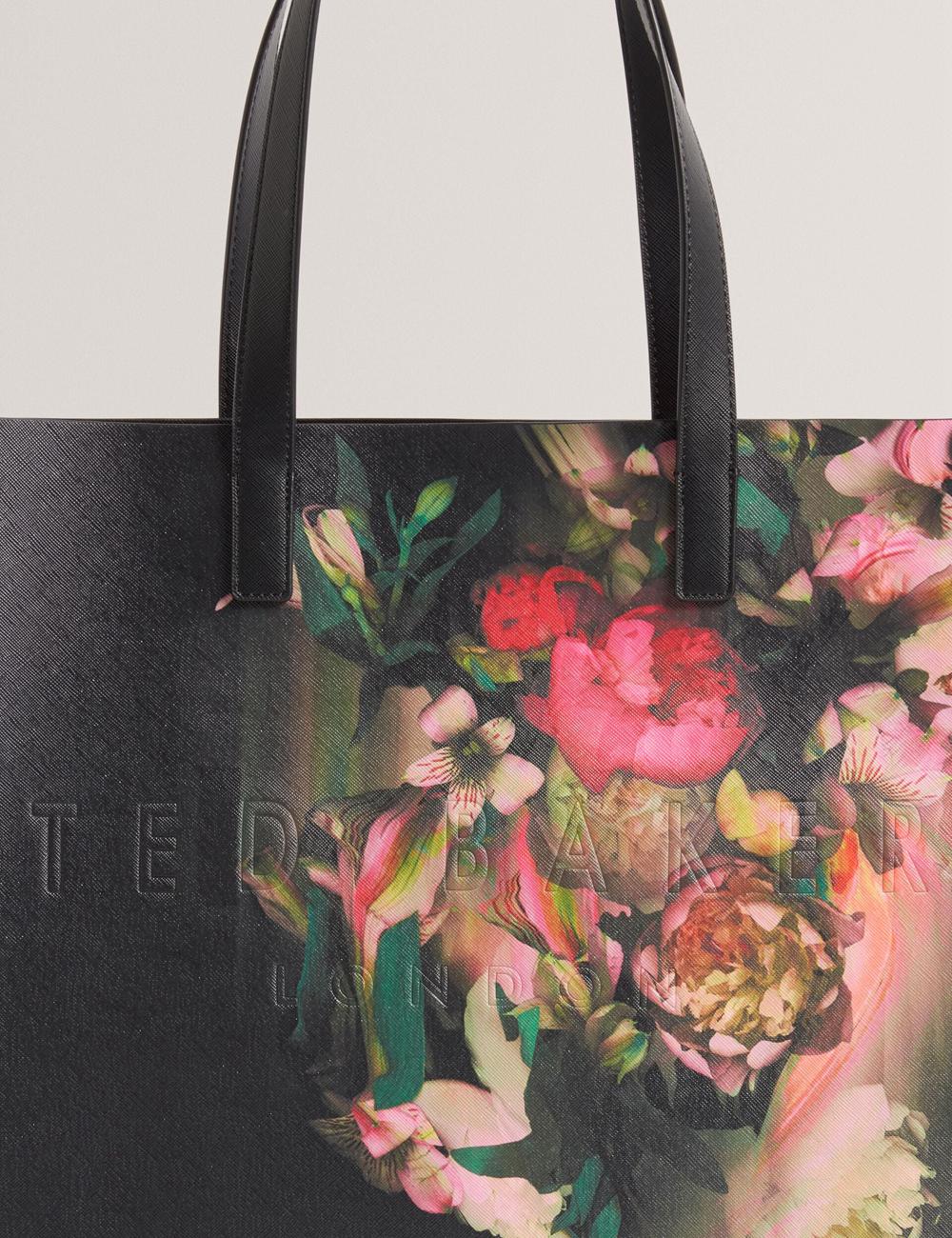 Women Ted Baker SALIINA - Floral Print Wide Icon Tote Bags Black | GQXP37059