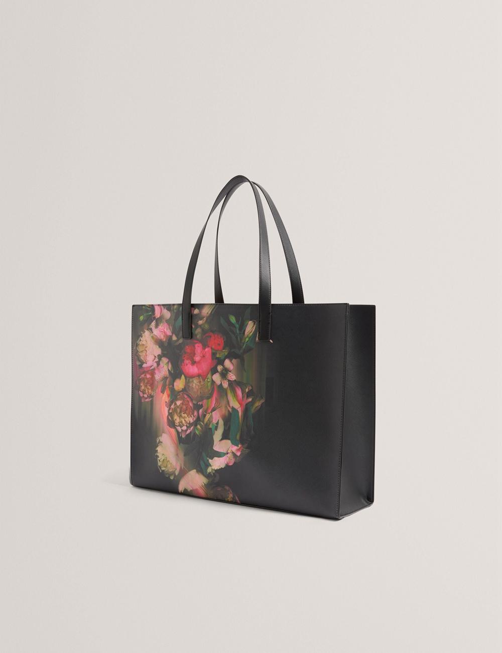 Women Ted Baker SALIINA - Floral Print Wide Icon Tote Bags Black | GQXP37059