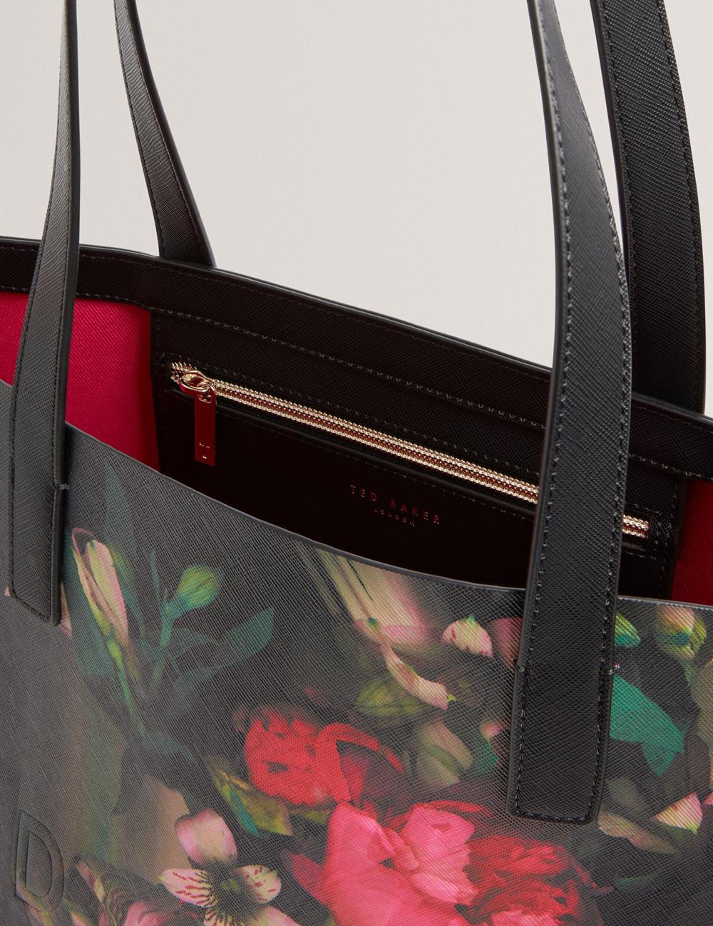 Women Ted Baker SALIINA - Floral Print Wide Icon Tote Bags Black | GQXP37059