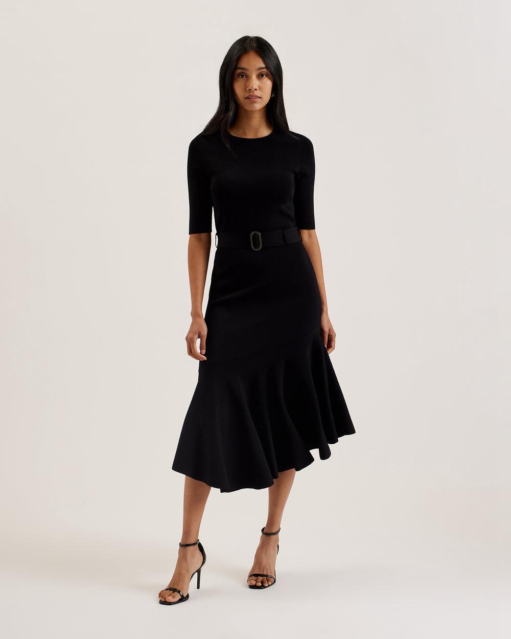 Women Ted Baker SAMALEE - Flippy Hem Knitted Midi Dresses Black | NZKV83206